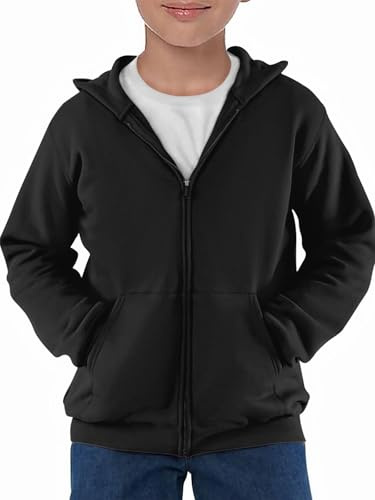 Haloumoning Jungen Sweatjacke Langarm Zip Up Hoodie Kinder Einfarbig Sport Kapuzenjacke Casual Basic Jacke mit Reißverschluss, Schwarz, 11-12 Jahre
