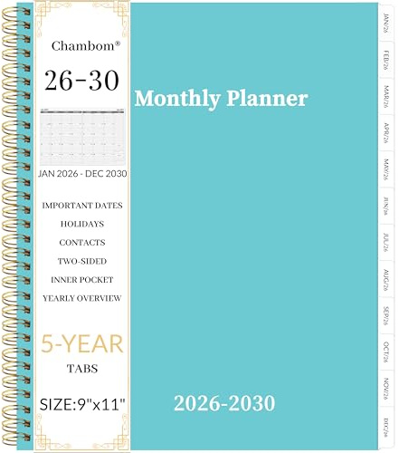 Agenda mensile 2026-2030, calendario mensile 5 anni 2026-2030, gennaio 2026 - dicembre 2030, 22,9 x 27,9 cm, linguette, tasca a doppio lato, vacanze, carta spessa, blu