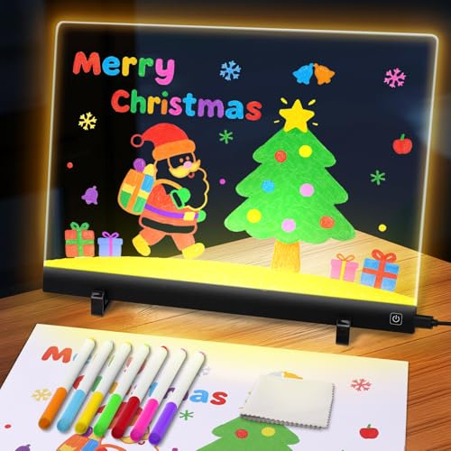 testyu Tableau D'affichage en Acrylique avec 7 stylos de Couleur, Peinture Couleur Narrative en 5 Styles, Tableau D'écriture LED Transparent, Effaçable, Bloc-notes, Mémo (35 x 26 cm)