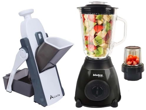 Alivio Multifunctional Vegetable Chopper 4 Cutting Modes Spring Slicer Dicer with Bistro Chef 2-in-1 Professional Mixer Blender 850W for Kitchen Ice Crusher, Smoothie Maker (2Pc Set) (Black & Grey)