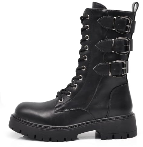 IF Stivali da donna stile combat con lacci multi fibbie look punk/gotico casual RQY148 nero N.38