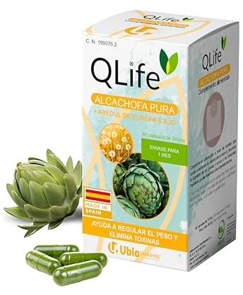 QLife Alcachofa Pura con Abedul, Diente de León, Ajo y Romero | Detox Hígado y Depurativo Natural | Ayuda a la Digestión, Colesterol, Retención de Líquidos y Eliminación de Toxinas | 60 Cápsulas