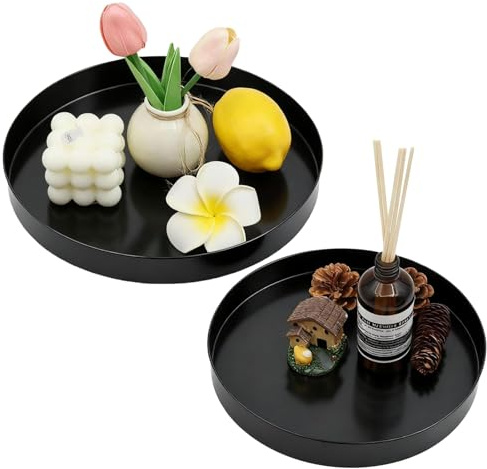 2 Stück Kerzentablett Schwarz - Tablett Metall Schwarz Deko, 20 cm und 25 cm Rundes Tablett Metall, Anti Rutsch Dekoteller für Kosmetik Dessert Kerzen, Kerzen Serviertablett für Café Bar Restaurant