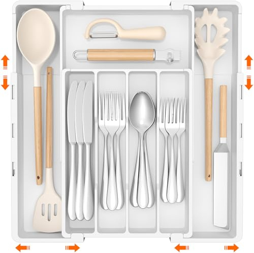 Lifewit Organizador de cubiertos para cajones, 4-7 compartimentos, ajustable en dos direcciones, organizador de plástico para cocina, organizador de cubertería, ancho de 22,6 a 36,2 cm, bandeja para
