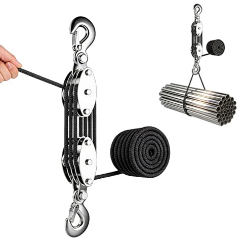 Flaschenzug mit Seilbremse, 270° Drehbar, 8:1 Flaschenzug Arbeitssparender bis 2,5 m Hubhöhe, Faschenzug Schwerlast mit 20m Nylon Seilbremse und Haken für Jagd, Garagen, Lagerhallen