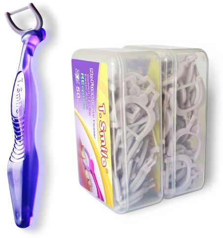 T.Smile Seniors NoFuss Dental Flosser Kit, 5-inch Long Handle & Refill Heads, Soft Flex Floss Gentle on Sensitive Gums, Fluoride Free, (Purple Handle + 100 Soft Flex Floss Refills)