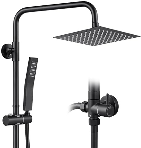 Auralum Columna Ducha sin Grifo, Set de Ducha Negra con Cabezal de Ducha Lluvia 20×20 cm Cuadrado Acero Inoxidable, Alcachofa, Barra de Ducha Altura Regulable 68-108cm, válvula desviadora de Latón