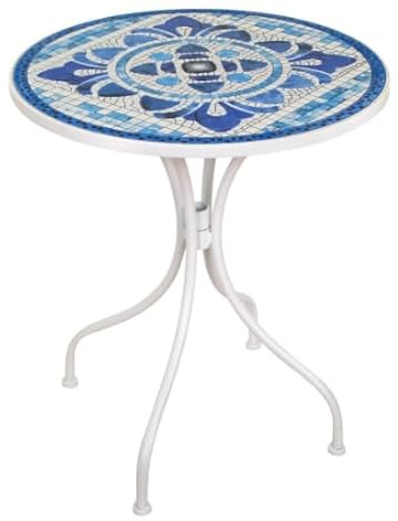 SIGNES GRIMALT Runt mosaikbord 61 cm - vit metall och blå keramik - bord inomhus/utomhus 70 cm