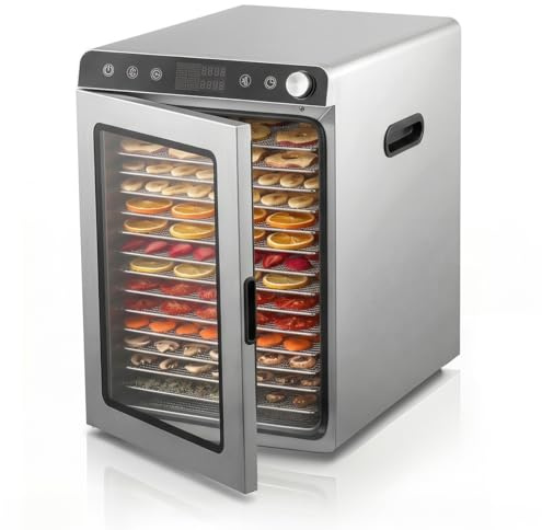 Arendo - Dörrautomat Edelstahl mit 16 Edelstahlgitter - 1000 Watt - 13400 cm² - 8 Programme - Dörrgerät Dehydrator Obsttrockner Dörrapparat - Obst Fleisch Pilze uvm - LED Touch Control Drehregler