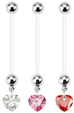 Treuheld | SCHWANGERSCHAFTSPIERCING mit KRISTALL-Herz für den Bauchnabel - 3 Farben: klar, pink, rot - 1,6 x 25mm Flexibles & langes Bauchnabelpiercing für Schwangere mit PTFE Piercing Stab Banane
