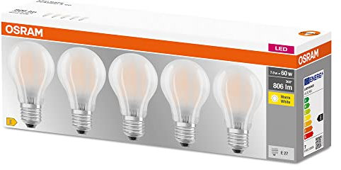 Osram Lampadine LED Goccia, 7W Equivalenti 60W, Attacco E27, Luce Calda 2700K, Confezione da 5