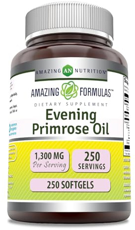 Amazing Formulas Evening Primrose Oil 1300mg, 10% GLA, Softgels Supplement | Hexane Free Cold Pressed Oil | Non-GMO | Gluten Free (250 Count)