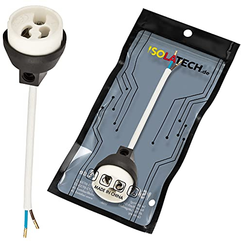 ISOLATECH 1 Douille GU10 Céramique Avec Embouts Cuivre VDE Et RoHS | Céramique Anti-Feu, Pour LED Et Halogène Jusqu'À 250V/2A Et 100W, Câble 0,75mm², Embouts Sertis Cuivre