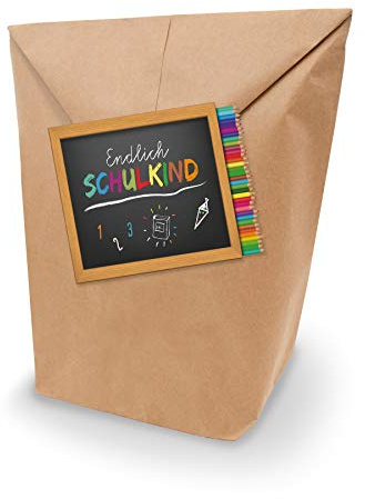 itenga SET 10x Geschenkverpackung Einschulung Geschenktüte XL aus Kraftpapier inkl. Sticker Aufkleber Endlich Schulkind Stifte rechteckig
