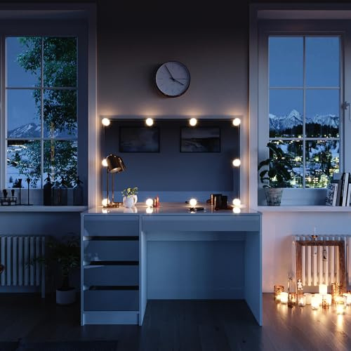 Vicco Schminktisch Sherry, Weiß, 120 cm | mit LED Beleuchtung, mit LED-Beleuchtung und großem rechteckigem Spiegel