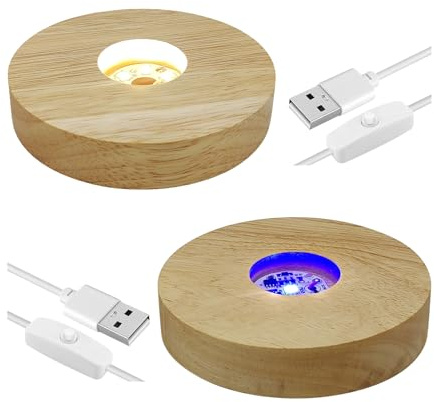 CDIYTOOL LED-Leuchten-Sockel, Holz-LED-Display für Kristallglaskunst, 10,2 cm, warm/mehrere Farben beleuchtet (2 Stück, warme Farbe + 7 Farben) (rund + rund)