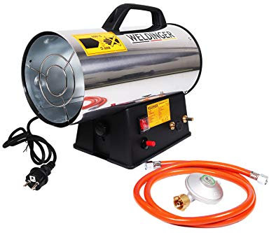 WELDINGER Gasheizkanone 13,3 kW Edelstahl mit Piezozündung Set mit Schlauch + Regler Heizgerät Bauheizer Heizgebläse
