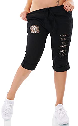 xy Italy Damen Capri Bermuda Shorts Hose Leinen Jogpants Pailletten Risse Fetzen One Size 36-40