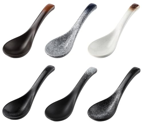 Yarnow 6 StüCk Japanische Keramik SuppenlöFfel Porzellan LöFfel Set FüR Ramen Suppe Vorspeisen Dessert Kleine LöFfel Mit Langem Griff FüR WohnküChe Und Restaurant