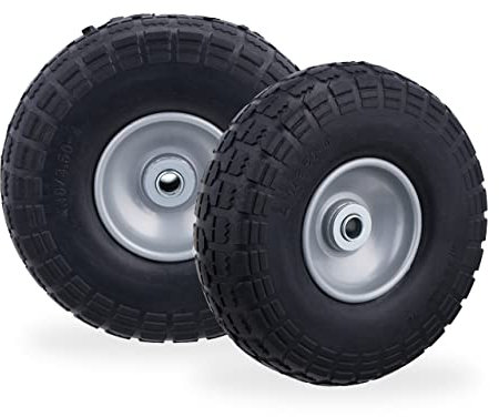 Relaxdays 2 Ruedas de Carro, Antipinchazos, Macizas, 4.10/3.50-4, Eje de 16 mm, hasta 150 kg, 260x85mm, Negro/Gris, Caucho