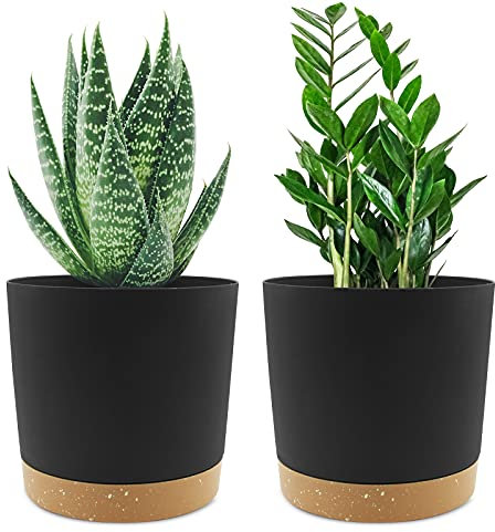 QCQHDU 16.5cm Plant Pot, 2 Pack Planters for Indoor Plants with Drainage Holes & Saucer, Outdoor Flower Pots Home Garden Modern Decor (Dark Grey, 16.5cm)
