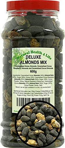 Natural Health 4 Life Snack Nuts Deluxe Almond Mix (Cocoa Almonds, Raspberry Cocoa Almonds, Caramlised Honey Almonds) 600 g in Recyclable Gift Jar with Screw Lid (1 Jar)