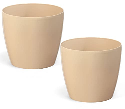 PECZEKO Glänsande blomkrukor - dekorativ blomkruka för blommor och örter - hållbara och lätta runda plastväxtkrukor för vardagsrum och matsal, kök, balkong - set om 2 cappuccino, o 25 cm)