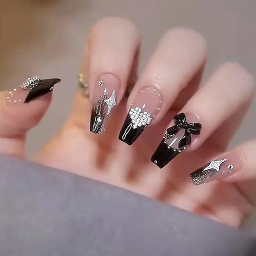 WOOXDYUK 24 piezas de uñas postizas, uñas postizas Mate, puntas de presión, uñas de cobertura completa, arte degradado, Brillo Negro, pestañas de pegamento para manicura para Mujeres y niñas