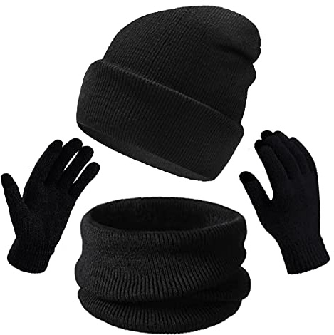 RainFlowwer Set di cappelli, guanti e sciarpe, berretti morbidi berretti scaldacollo guanti per donne e uomini cappelli invernali con risvolto caldo berretto da sci, Nero , Taglia unica