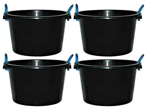 Pack Of 4-45Litre Black Bucket with Rope Handle Heavy Duty Plaster Cement Mixing Storage Bucket Muck Water Tub Animal Feeding Bucket - Made In UK