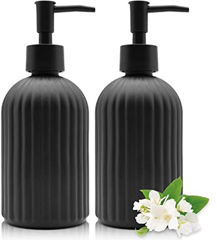 2 Pack Glass Soap Dispenser Bottle with Pump, 14 Oz Refillable Liquid Hand Jar Dispenser for Bathroom, Countertop, Kitchen, Laundry Room (Black)