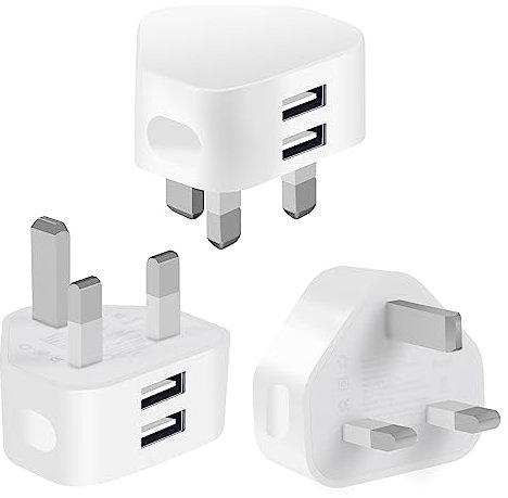Pack of 3 Dual Port USB Plug UK Adapter Compact Mains Charge 2.1A with Smart IC Charging Technology for iPhone 11 Xs/XS Max/XR/X/8/7/6/Plus,iPad Pro/Air 2/Mini 4 etc