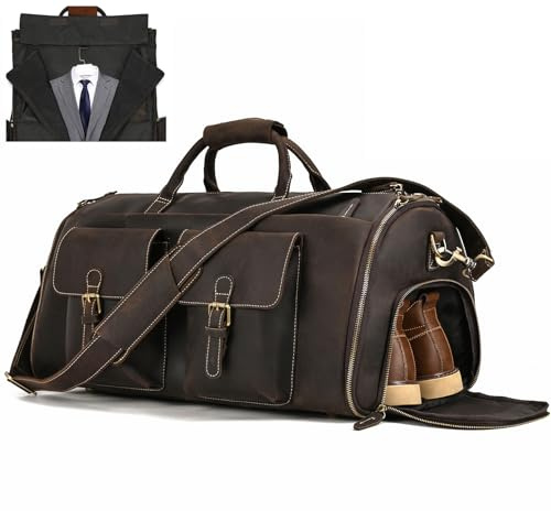 Echt Leder Herren Reisetasche 2 in 1 Garment Bag mit Schuhfach, Anzugsack, Sporttasche Weekender für Herren, 2203 Dunkelbraun
