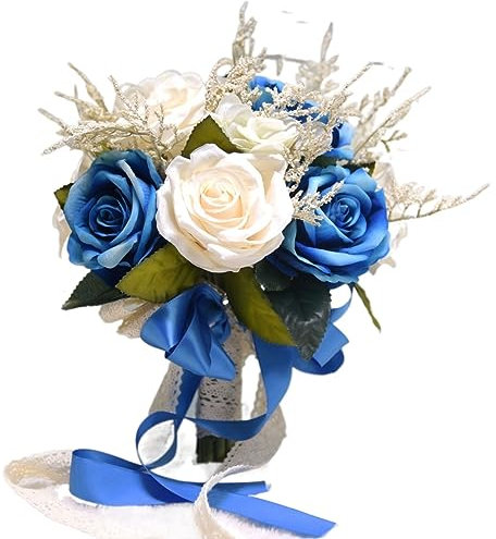 HXSCOO Altrosa weiße Rosen fühlen Sich echt an, Hochzeitsblume mit Vintage-Spitzengriff und grünen Blättern, Beeren-Dekor, Braut-Hochzeitsstrauß (Color : Blue)