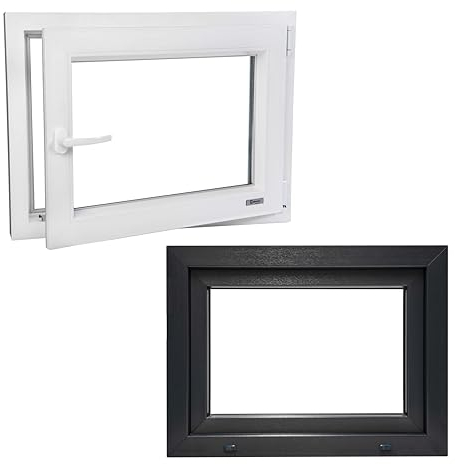 Fenster auf SALAMANDER Profile - Kunststofffenster Anthrazit BxH 800x1000 mm - Garagenfenster/Gartenhausfenster/Kellerfenster 80x100 cm 2-fach Verglast - Din Rechts - Funktion Dreh Kipp
