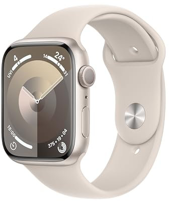 Apple Watch Series 9 (45 mm GPS) Smartwatch avec boîtier Aluminium et Bracelet Sport lumière stellaire (M/L). Suivi de l’activité Physique, apps Oxygène sanguin et ECG, écran Retina Toujours activé