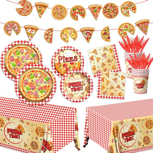 143Pcs Pizza Party Supplies Tableware Set Pizza Birthday Party Decorations Paper Plates and Napkins Cups Tablecloth Banner Cutlery for Kids Birthday Baby Shower Picnics