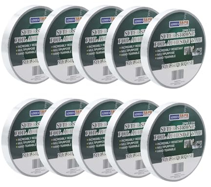ADHES Cinta de aluminio Reforzada Con Tejido De Fibra De Vidrio cinta de alta temperatura, Resiste de 80°C a 100°C, cinta reparación de aluminio para calentadores y estufas,20MM X 50M, 10 Rollos