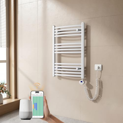 EMKE Scaldasalviette elettrico bagno,Curvo,75 x 50cm, 300W,Scaldasalviette con WIFI Termostato,Bianco,Radiatore da Bagno,Termoarredo Asciugamani da Bagno