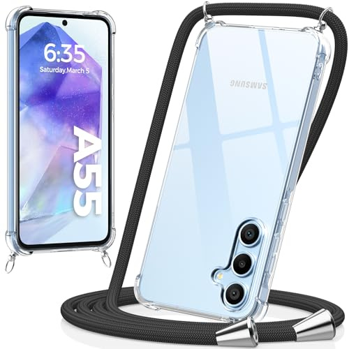 caslord Handyband kompatibel mit Samsung Galaxy A55 | Transparent Hülle mit Handykordel | Handyhülle für zum Umhängen | für Sport Reisen Partys Einkäufe Babypflege | Schwarz