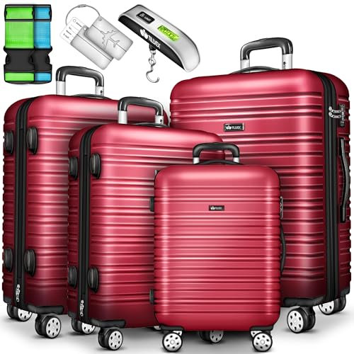 tillvex® Reisekoffer Set 4-TLG. + Gepäckwaage, 8X Koffergurte und 4X Kofferanhänger | Kofferset 4 Rollen | Trolley Gepäck Koffer TSA Schloss | Rollkoffer Hartschalenkofferset S-M-L-XL