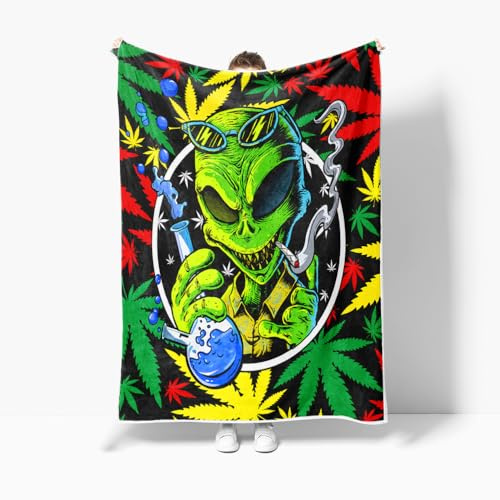 Trippy Weed Marijuana Throw Blanket, Cool Alien Marijuana Leaf Soft Warm Cozy Plush Comfy Blanket for Couch Bed Sofa, Tie Dye Stoner Fleece Flannel Throws to Decorate Living Room Bedroom
