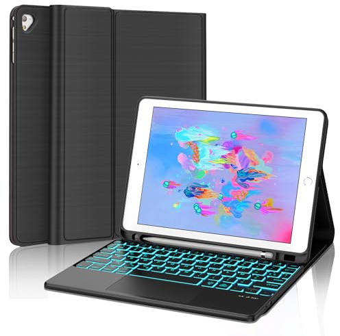 Hülle Mit Tastatur Für iPad 6 Generation, Tastatur mit Touchpad für iPad 6th/5th Generation 2018/2017 9.7 Zoll, Magnetisch Abnehmbare Kabellose QWERTZ Keyboard, 7 Farben Beleuchtete, Schwarz