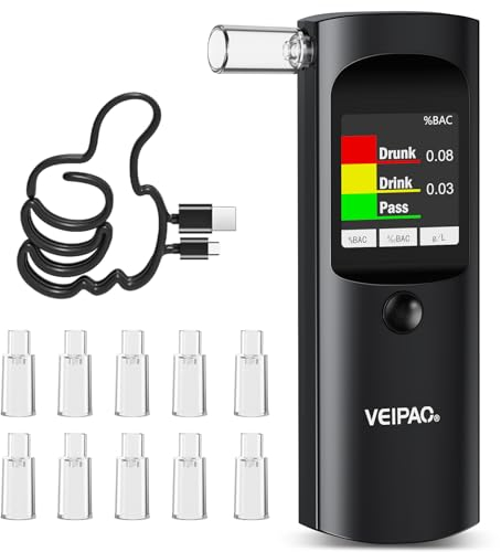 Alkoholtester Polizeigenau Alkoholtest Promillemessgerät: Tragbarer Alcohol Tester Promilletester mit 11 Mundstücken - Digitaler Alkotester Hohe Genauigkeit für Persönlichen Gebrauch Sensor - Schwarz