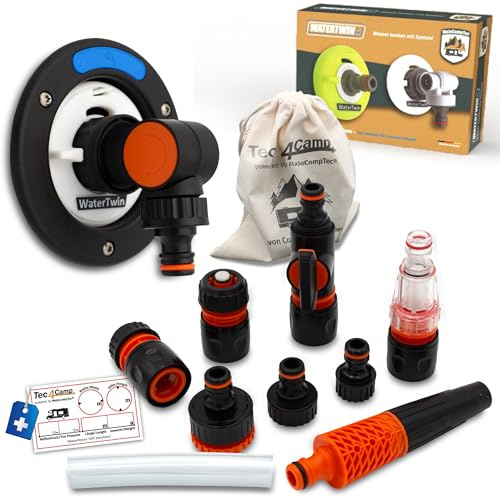 MaJoCompTec® WATERTWIN® Couvercle de réservoir avec raccord d'eau | Adaptateur de remplissage pour bouchon de remplissage d'eau | Accessoires camping-car et caravane (version Flex + kit de