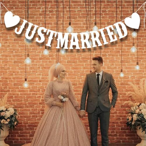 Just Married Girlande,Hochzeitsgirlande,Just Married Hochzeit Banner Deko,Wimpelkette Hochzeit,Vintage Hochzeitsdeko,Hochzeitsbanner mit Seil,für Auto,Junggesellinnenabschied,Brautdusche (Weiß)