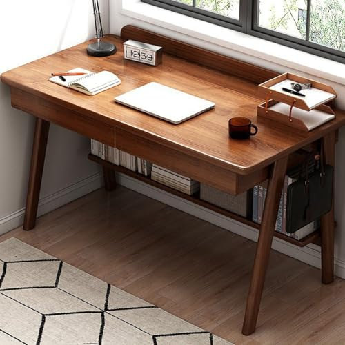 MidCentury - Escritorio moderno de madera maciza con 2 cajones de almacenamiento, escritorio simple para computadora para espacios pequeños (99 cm, nogal)