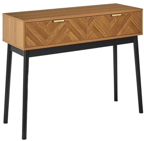 SIXTYS - Console 2 Tiroirs Aspect Bois Décor Chevrons Piétement Noir