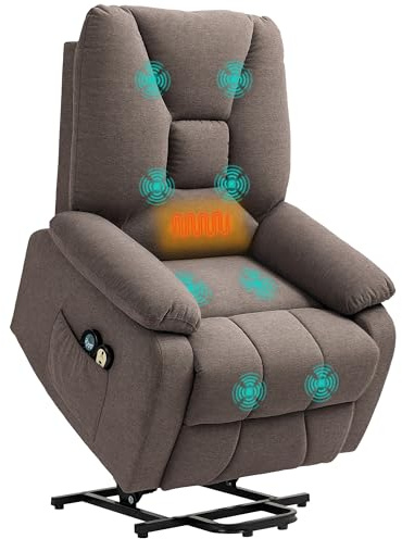 HOMCOM Elektrischer Sessel mit Aufstehhilfe, elektrischer Relaxsessel mit Massagefunktion und Heizung, Relaxsessel mit Fußstütze, verstellbarer Rückenlehne, Fernbedienung, Seitentasche - braun