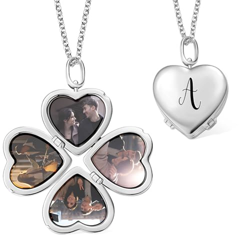 Collier Médaillon Personnalisé Trèfle à Quatre Feuilles avec 4 Photos Espaces Coeur Pliant Motif d'Amour Gravé Doré Cadeau Familial Commémoratif Pour Elle - Médaillon initial personnalisé avec photo